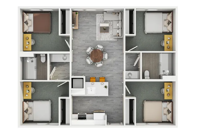 Modern floor plan featuring four bedrooms, open kitchen with island, and inviting living area.