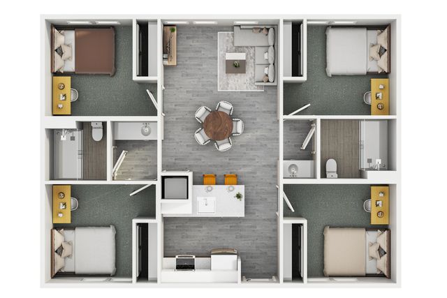3D floor plan layout featuring four bedrooms, open living area, and modern kitchen.