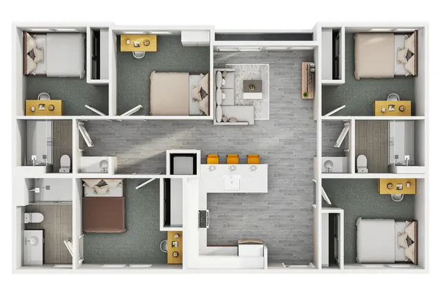 3D floor plan featuring four bedrooms, a modern kitchen with island seating, and an inviting living area.
