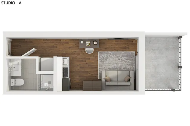Compact studio apartment layout featuring an open-plan living area with modern amenities and a private balcony.