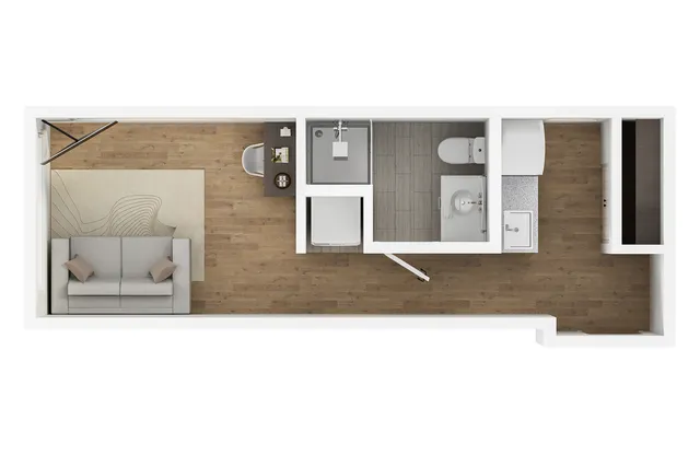 Chic studio floor plan showcasing a cozy living area, efficient bathroom, and compact kitchen layout.