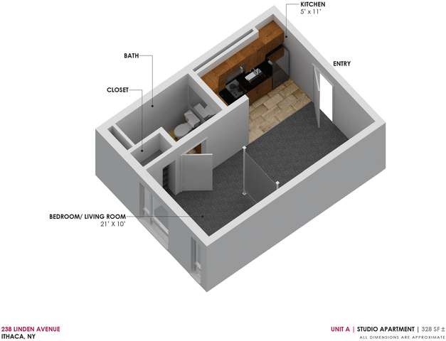 Contemporary studio apartment floor plan at 238 Linden Avenue, Ithaca, NY, featuring an open bedroom and living area, compact kitchen, closet, and bathroom in 328 sq ft.