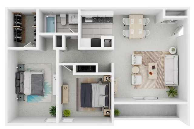 Modern open-concept floor plan featuring 2 bedrooms, a spacious living room, sleek kitchen, and cozy dining area.