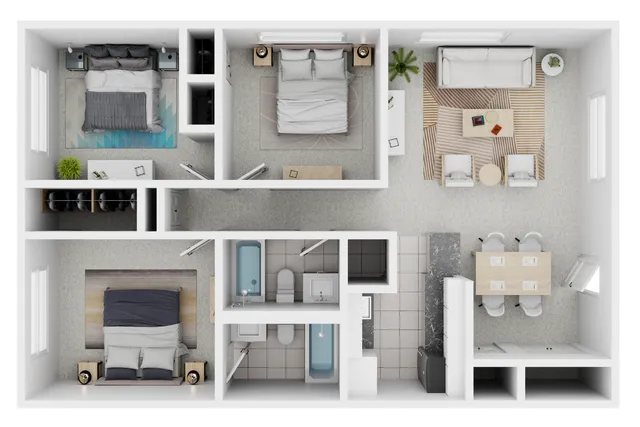Modern 3D floor plan showcasing 3 bedrooms, 2 bathrooms, open-concept living and dining area, and sleek kitchen design.