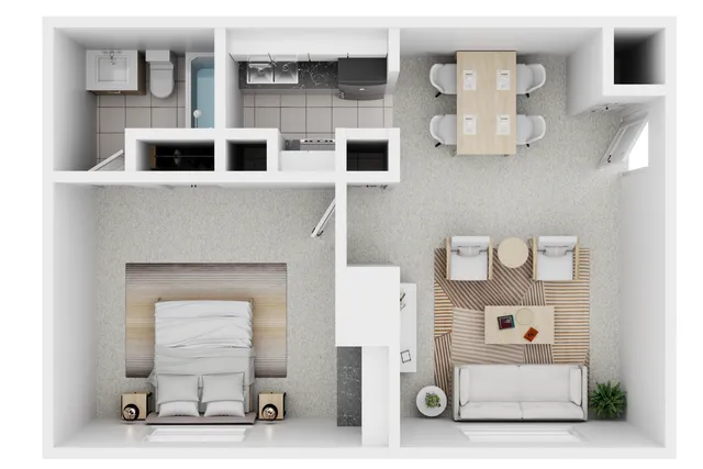 Modern 2D floor plan showcasing one-bedroom apartment with a spacious living room, stylish kitchen, and cozy dining area.
