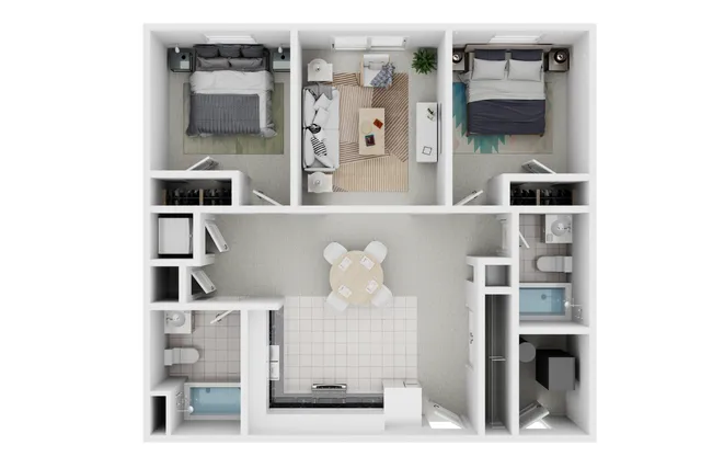 Charming 3D floor plan showcasing 3 bedrooms, a cozy living room, and modern kitchen, with 2 stylish bathrooms.