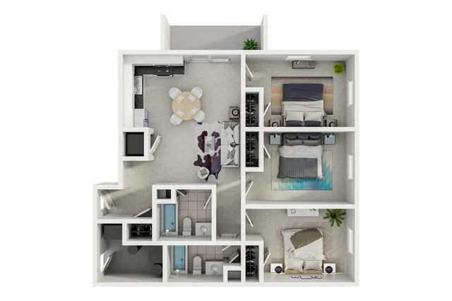 Modern 3D floor plan showcasing two cozy bedrooms, open-concept living and dining area, contemporary kitchen, and two stylish bathrooms.
