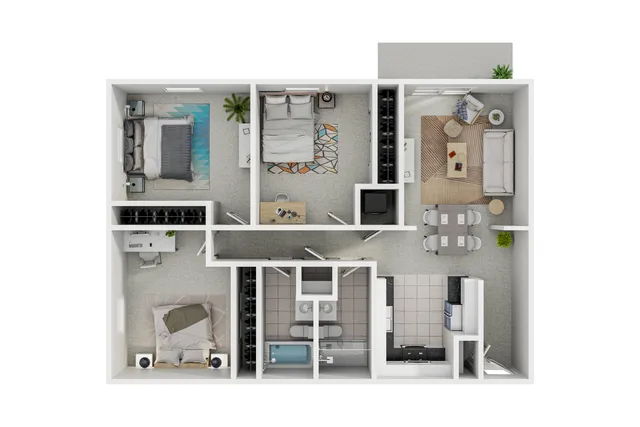 Contemporary floor plan showcasing three cozy bedrooms, an inviting living room, modern kitchen, and two sleek bathrooms, perfect for stylish urban living.