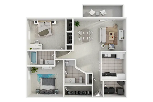 Elegant modern floor plan featuring 2 spacious bedrooms, open-concept living and dining area, sleek kitchen, and two stylish bathrooms. Ideal layout for comfortable urban living.