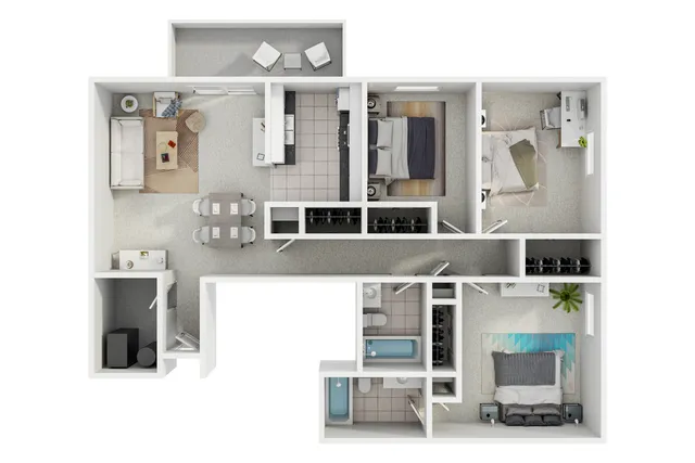 Modern 3D apartment layout with three bedrooms, open living-dining area, contemporary kitchen, and private balcony for leisure.