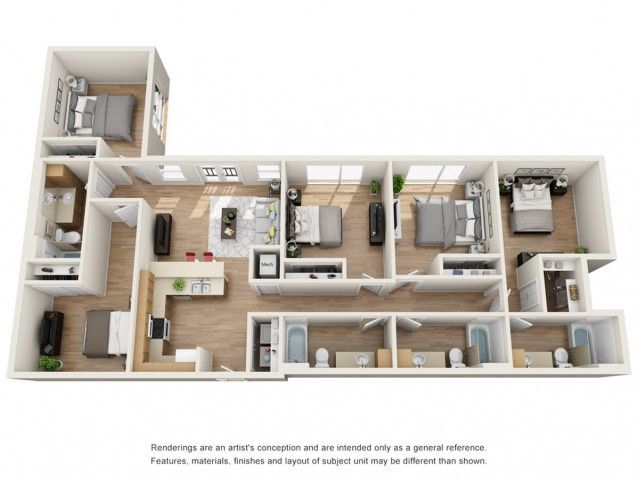 The 5 bedroom 4 bathroom floor plan is 1,725 sq. ft.