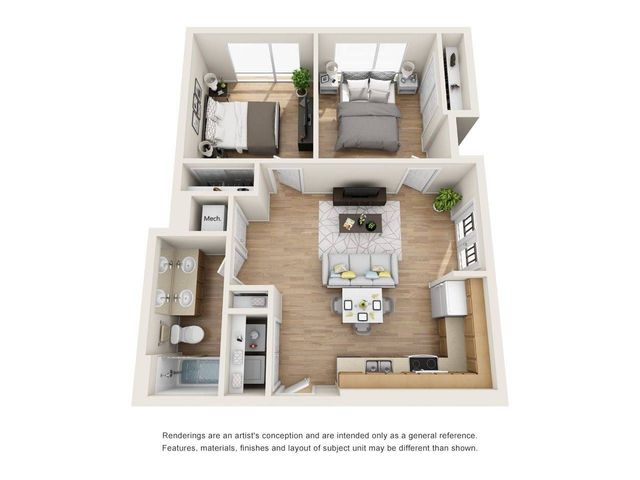 The 2 bedroom 1 bathroom plus floor plan is 766 square feet