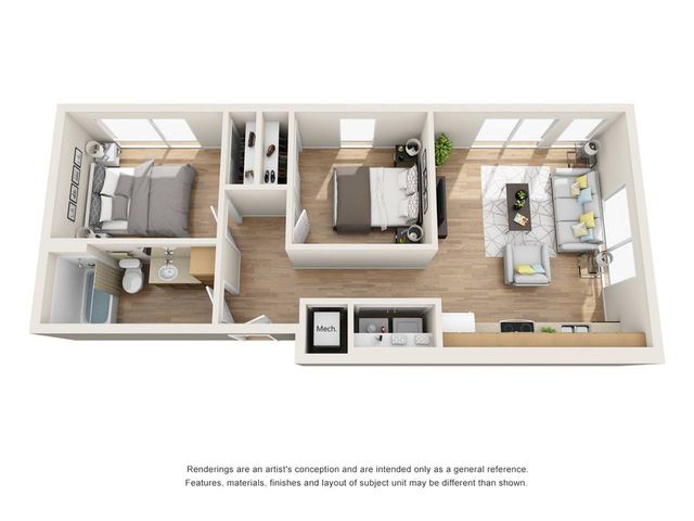 The 2 bedroom 1 bathroom classic floor plan is 750 square feet