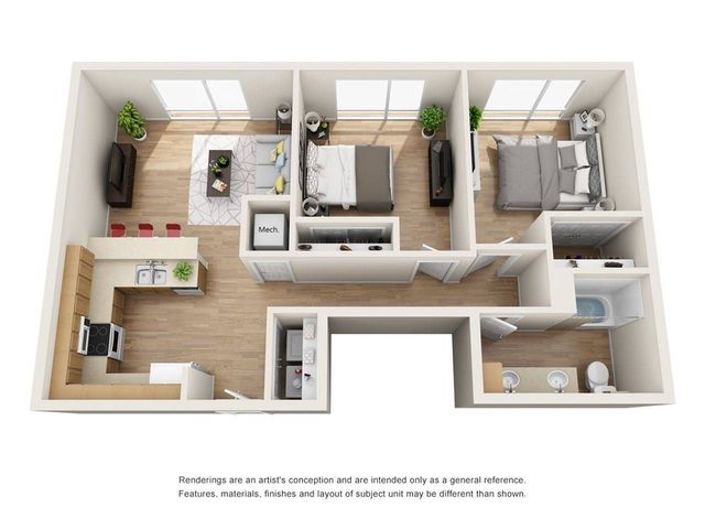 The 2 bedroom, 1 bathroom deluxe floorplan is 912 sq. ft.