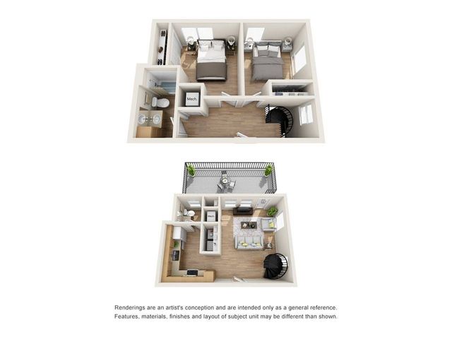 The 2 bedroom 1.5 bath loft floor plan is 960 square feet