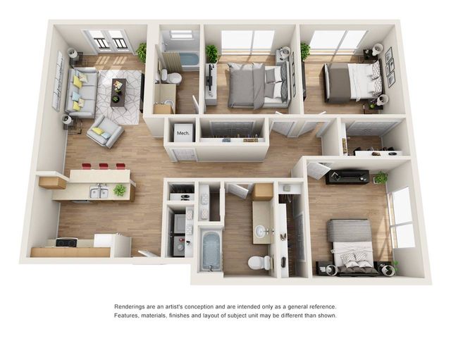The 3 bedroom 2 bathroom deluxe floor plan ranges from 1209 - 1,248 sq. ft.