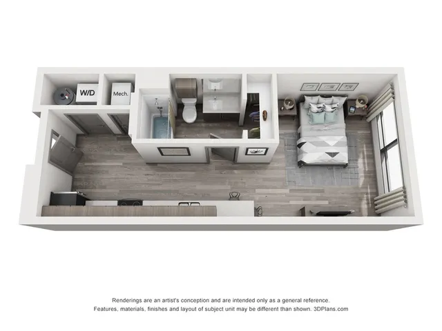 The Studio Plus floorplan ranges from 463 - 534 sq. ft.