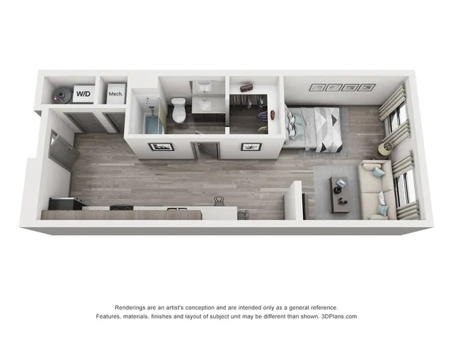The Studio Deluxe floorplan is 576 sq. ft.