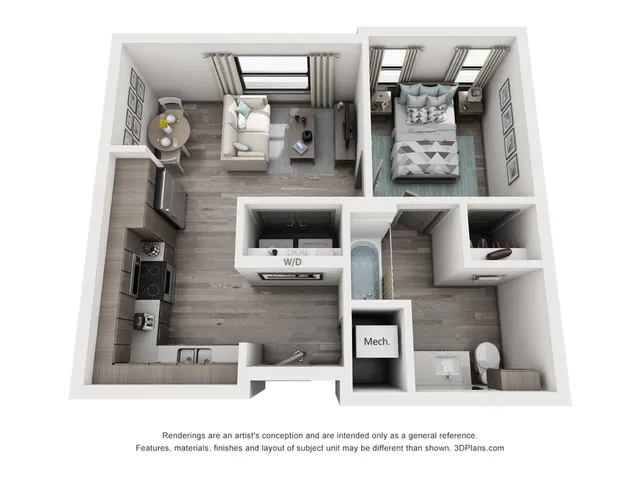The 1 bedroom, 1 bathroom floorplan is 543 sq. ft.
