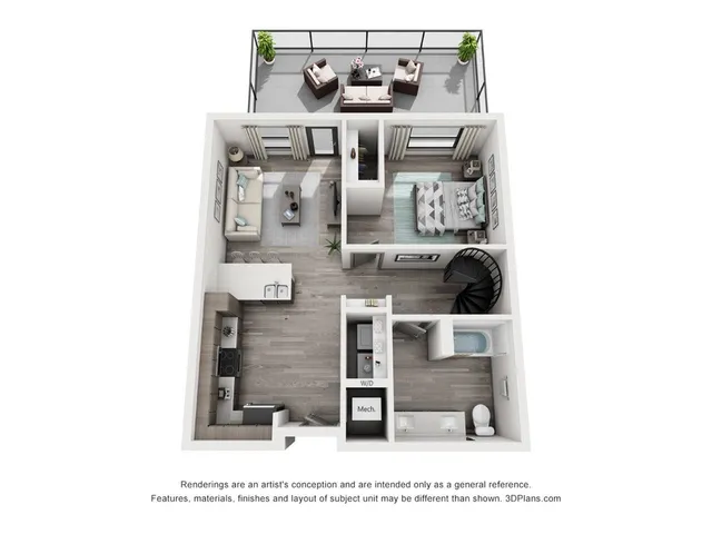 The 2 bedroom, 1 bathroom Loft floorplan is 866 sq. ft.