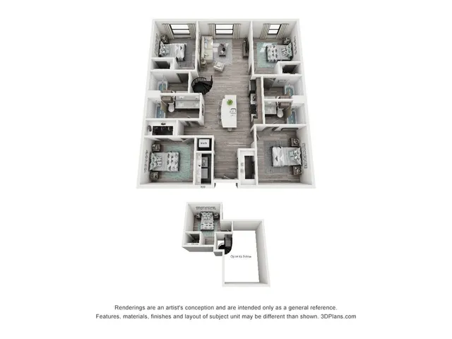 The 5 bedroom, 4 bathroom classic loft floorplan is 1661 sq. ft.