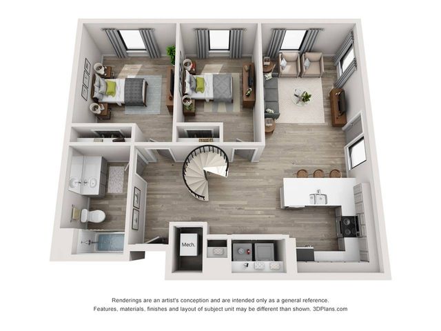 The 3 Bed, 1 Bath Loft is 1317 sq. ft.