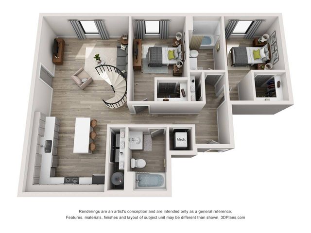 The 3 Bed, 2 Bath Loft is 1206 sq. ft.