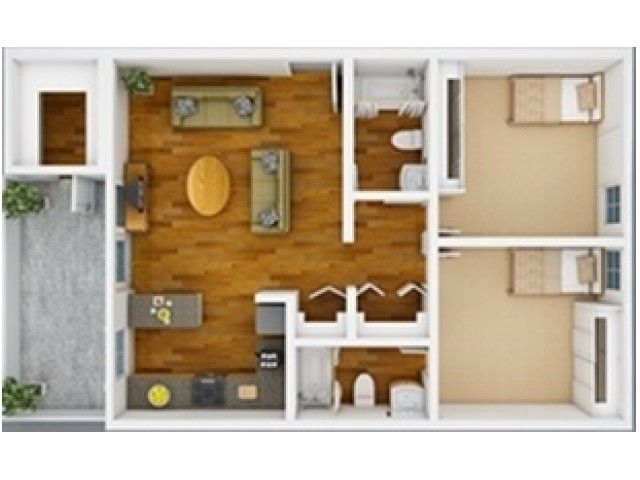 2 bed, 2 bath floorplan is 910 sq. ft.