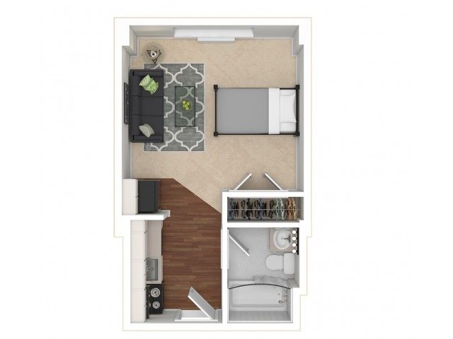 The studio classic floorplan is 336 sq. ft.