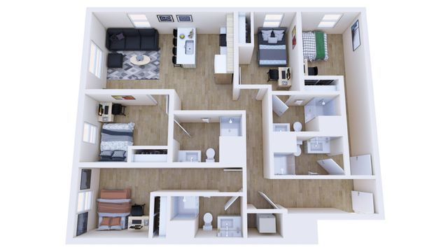 The 4 bedroom, 4 bathroom corner A floorplan ranges from 1307 - 1371 sq. ft.