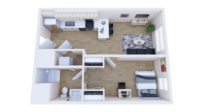 The 1 bedroom, 1 bathroom large floorplan is 604 sq. ft.