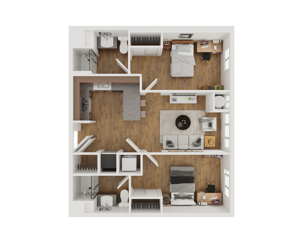 The 2 bedroom 2 bathroom classic floorplan ranges from 818-835 sq. ft.