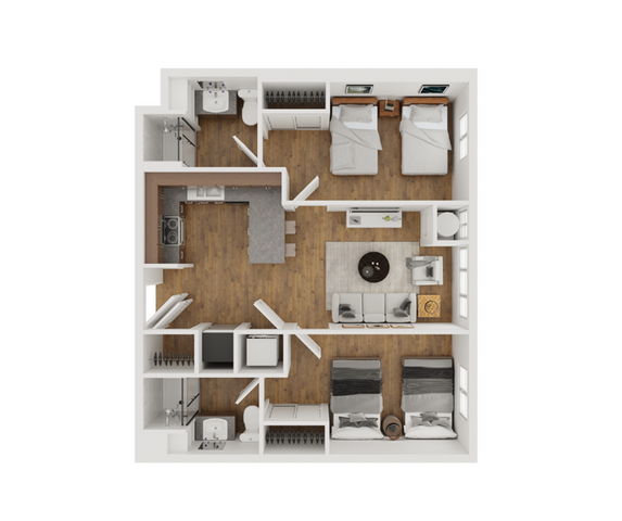 The 2 bedroom 2 bathroom classic shared floorplan ranges from 843-845 sq. ft.