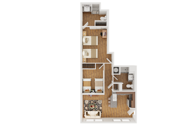 The 2 bedroom 2 bathroom dinkydome shared floorplan ranges from 886-1029 sq. ft. Select units are upgraded.