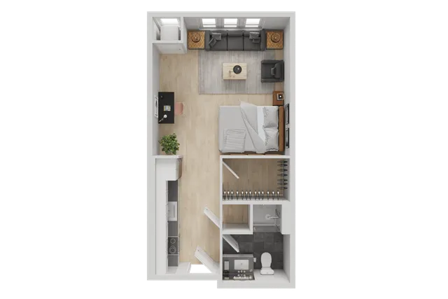 The studio floorplan ranges from 468-500 sq. ft.