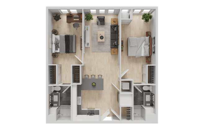 The 2 bedroom 2 bathroom classic floorplan is 843 sq. ft.
