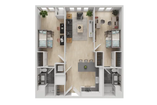 The 2 bedroom 2 bathroom classic shared floorplan ranges from 946-949 sq. ft.