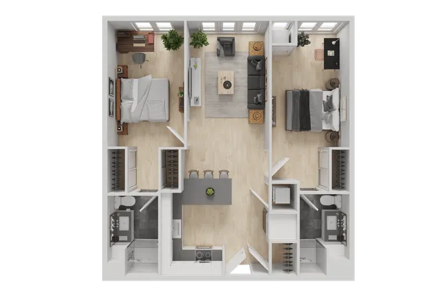 The 2 bedroom 2 bathroom plus floorplan ranges from 869-947 sq. ft.