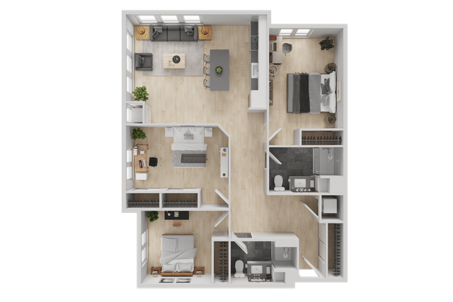 The 3 bedroom 2 bathroom plus floorplan is is 1226 sq. ft.