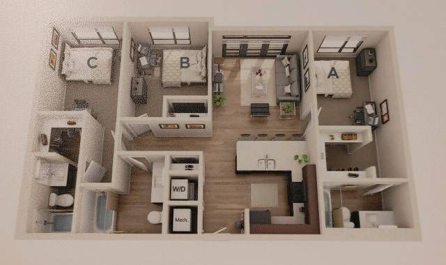 3 bed, 3 bath floorplan is 1,071 sq. ft.