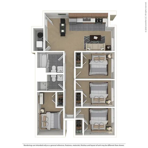 The 4 bedroom 2 bathroom floorplan ranges from 969-978 sq. ft.