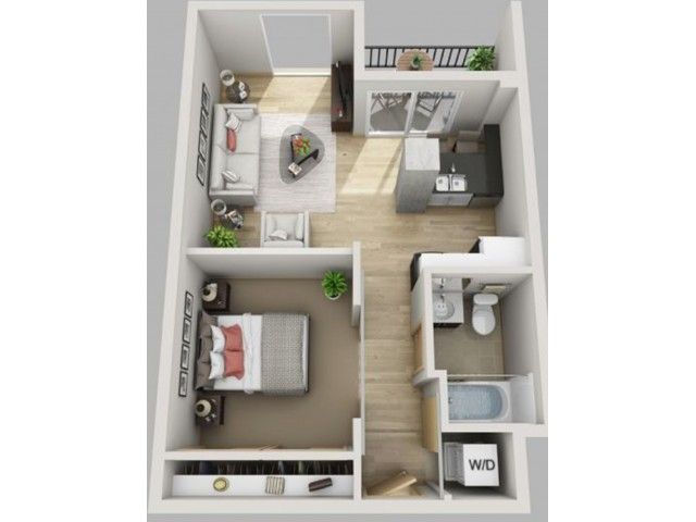 1 bed, 1 bath floor plan is 540 sq. ft.