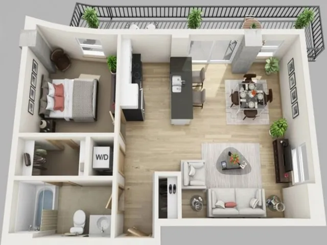 1 bed, 1 bath floorplan is 700 sq. ft.