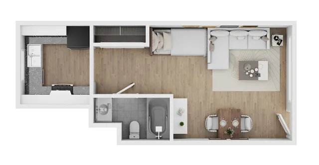 Contemporary floor plan showcasing an elegant studio apartment with an open-concept kitchen and living area, stylish bathroom, and cozy dining space.