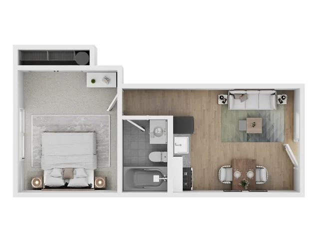 Chic 1-bedroom apartment floor plan with open living and dining area, modern kitchen, and elegant bathroom.