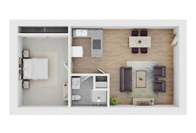 Elegant 1-bedroom apartment floor plan with open-concept living and dining area, modern kitchen, and compact bathroom.
