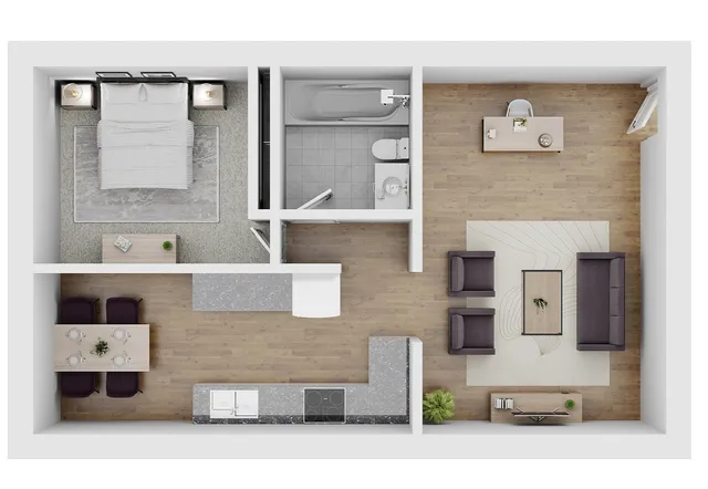 Modern 1-bedroom apartment floor plan with open-concept living room, sleek kitchen, elegant dining area, and a stylish bathroom.