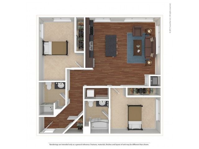 The 2 bedroom 2 bathroom deluxe floorplan is 1071 sq. ft.