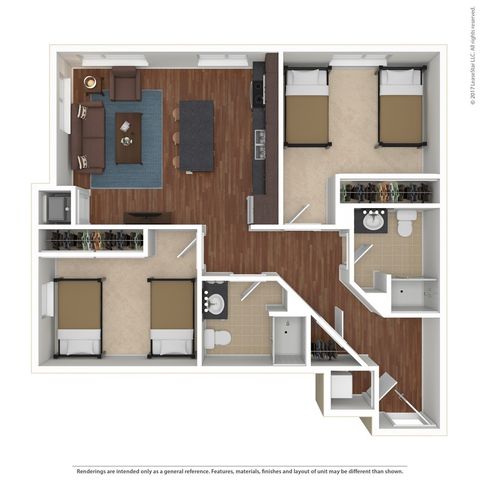 The 2 bedroom 2 bathroom classic shared floorplan is 969 sq. ft.
