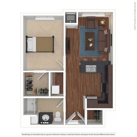 The 1 bedroom 1 bathroom floorplan ranges from 595-649 sq. ft.